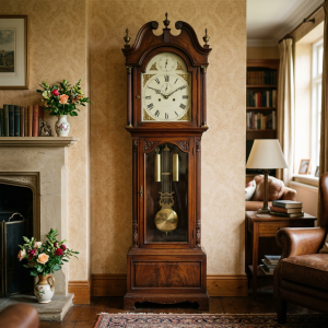 Ornate wooden grandfather clock in a traditionally decorated living room