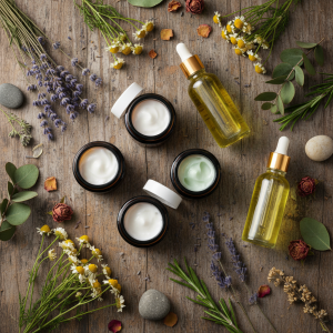 Flat lay of natural skincare products — small glass jars of cream and botanical oils on a wooden surface with dried herbs and flowers, soft natural light, clean and earthy aesthetic