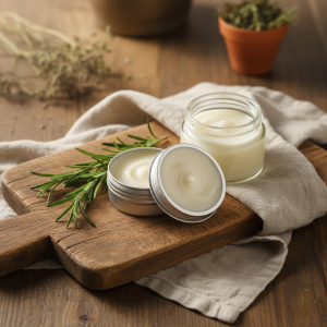 Rustic flat lay of tallow balm in a small tin and glass jar on a wooden cutting board, with a sprig of rosemary and linen cloth, warm earthy tones, farm-to-skin aesthetic