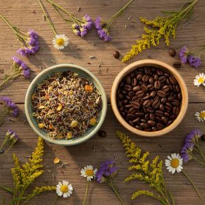 Overhead shot of loose leaf herbal tea and coffee beans in small ceramic bowls on a rustic wooden surface, with dried wildflowers scattered around, warm natural lighting