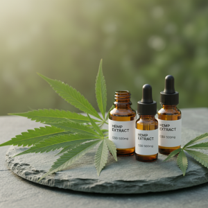 Close-up of hemp leaves and small amber bottles of hemp oil on a natural stone surface with soft bokeh background, earthy green tones, wellness aesthetic